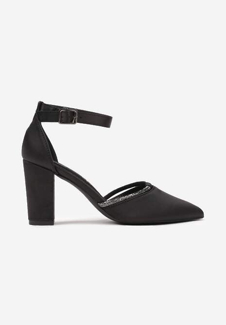 Czarne Satynowe Czółenka Vices ze Skórzaną Wkładką i Cyrkoniami Sarirra