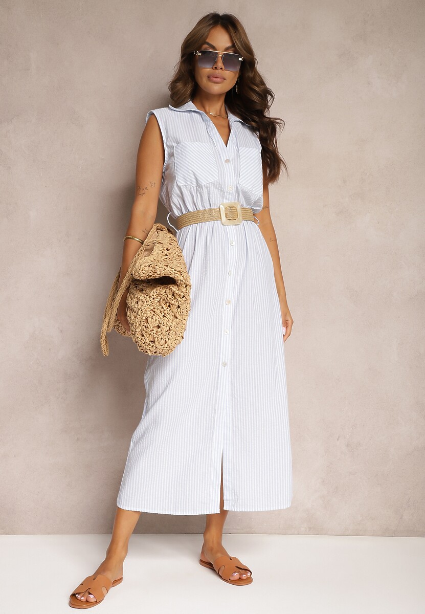 Niebieska Koszulowa Sukienka z Bawełny Bez Rękawów z Paskiem i Gumką w Talii Zalorea