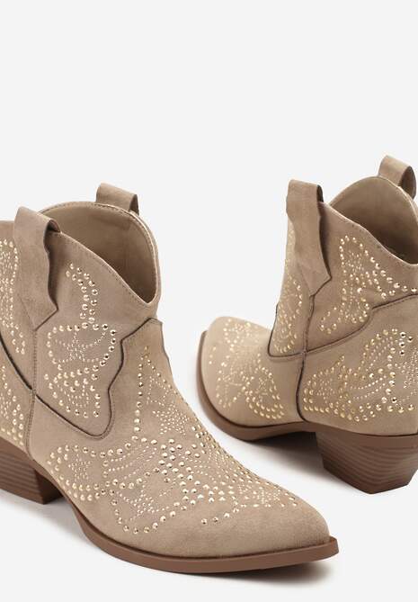 Ciemnobeżowe Krótkie Botki Typu Kowboki z Cyrkoniowym Zdobieniem Lalare