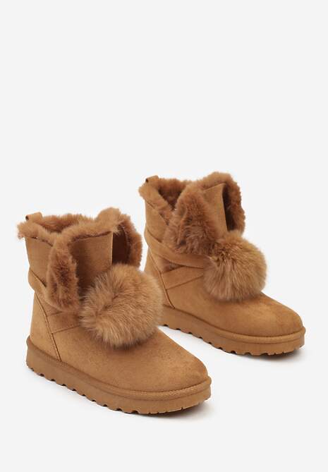 Brązowe Śniegowce na Płaskiej Podeszwie z Pomponami z Futerka Seamira