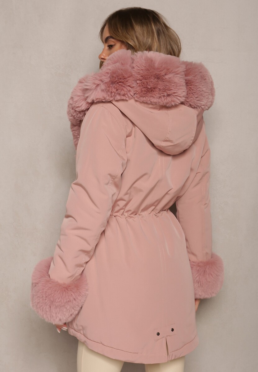 Różowa Kurtka Parka ze Ściągaczem i Kapturem z Futerkiem Bellad
