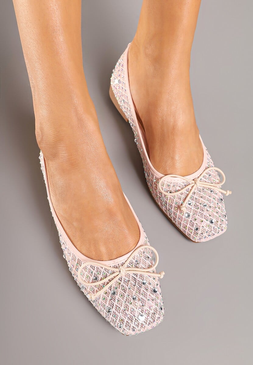 Różowe Balerinki z Siateczkową Cholewką Ozdobione Cyrkoniami i Kokardą Abbona