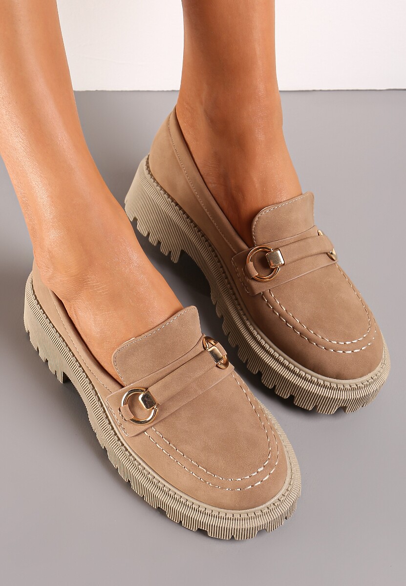 Ciemnobeżowe Mokasyny Chunky z Metaliczną Klamerką Tarune