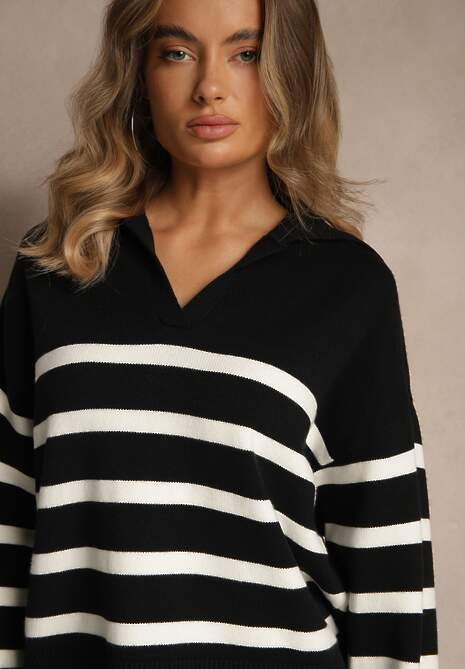 Czarno-Biały Sweter w Paski z Dekoltem w Serek z Kołnierzykiem Ralinavia
