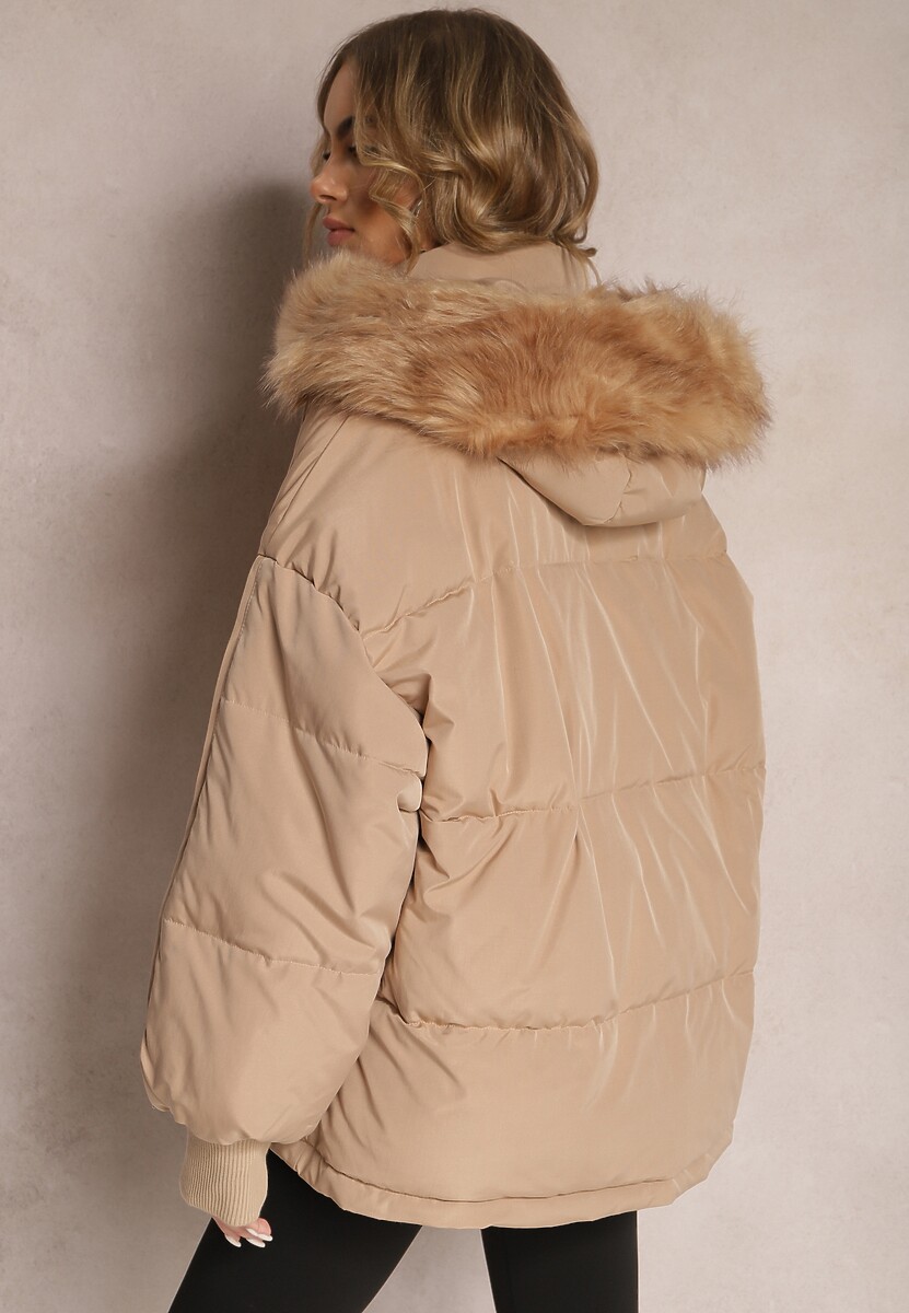 Ciemnobeżowa Kurtka Oversize z Futrzanym Kapturem Haduni