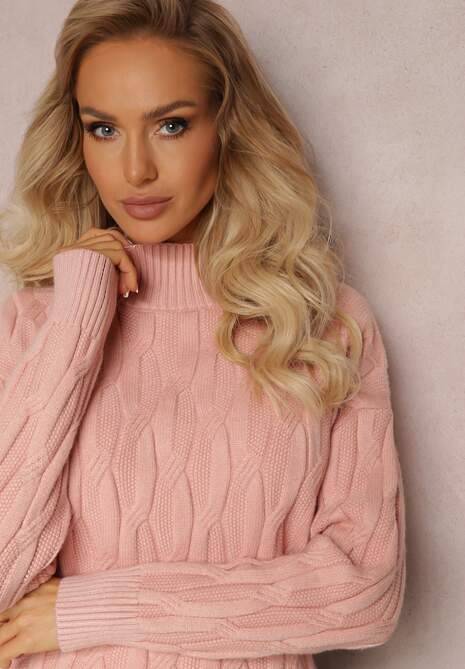 Różowy Golf o Klasycznym Fasonie z Modnym Splotem i Ściągaczami Franka