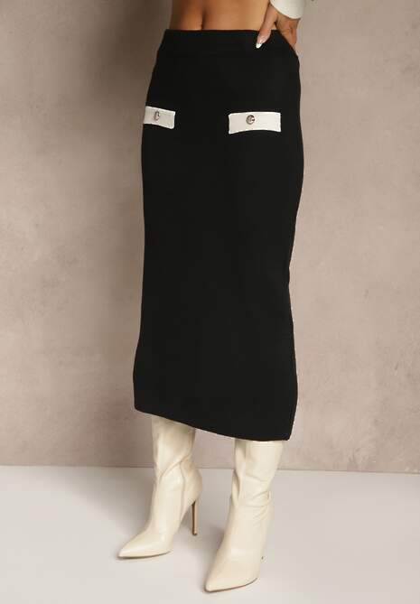 Czarno-Biały Sweterkowy Komplet z Dzianiny z Bawełną Kardigan i Spódnica Derrive