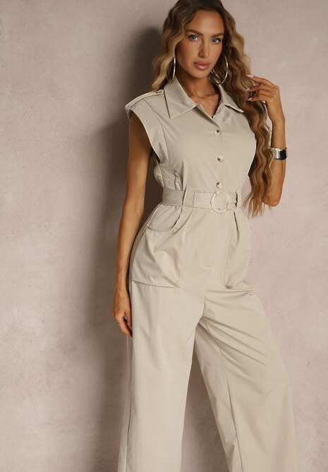 Beżowy Kombinezon Taliowany Ozdobiony Cyrkoniami i Guzikami Lumevarae