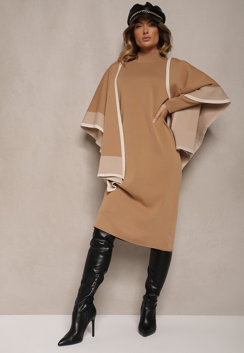 Beżowy Komplet z Dzianiny z Wiskozy Sukienka i Narzutka Ilandriel