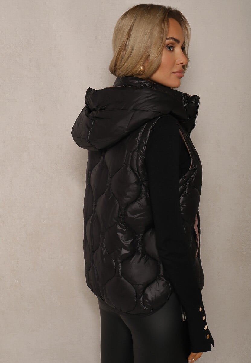 Czarna Kamizelka z Odpinanym Kapturem Ozdobnym Pikowaniem i Stoperami Liolena