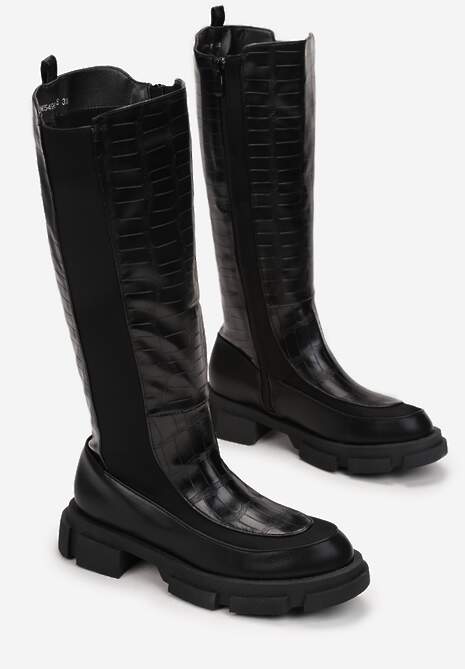 Czarne Kozaki na Grubej Podeszwie z Tłoczeniem Skóry Krokodyla Ombroce