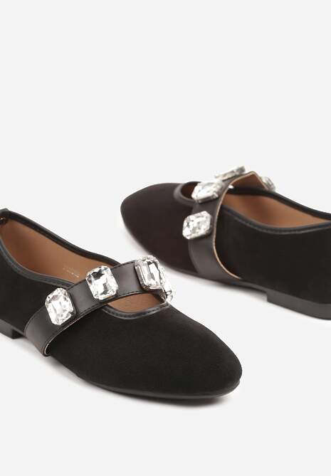 Czarne Balerinki z Elastycznym Paskiem z Biżuteryjnym Zdobieniem Tuledis