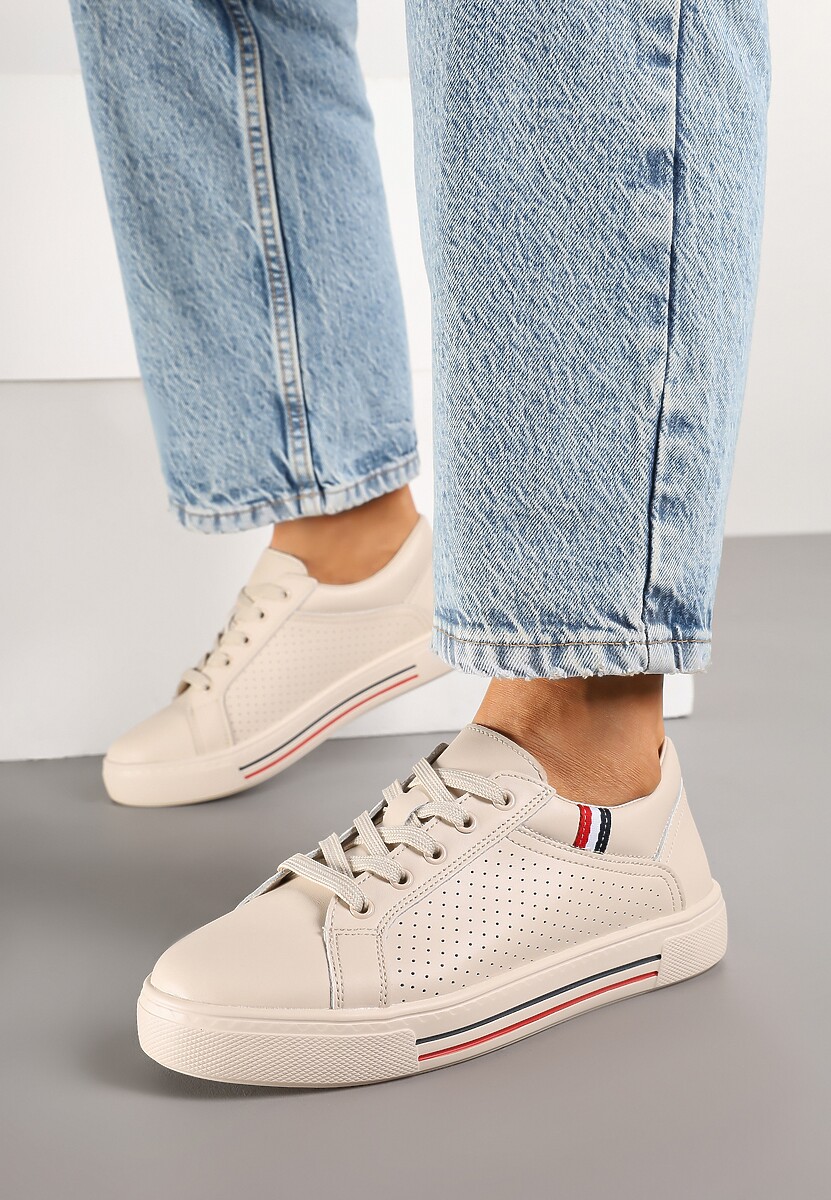 Beżowe Skórzane Sneakersy na Płaskiej Podeszwie ze Skórzaną Wkładką i Perforacją Galiwa