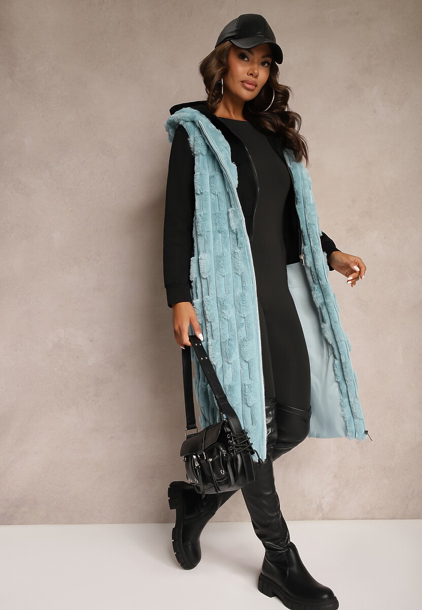 Beżowa Długa Kamizelka z Futerka Zapinana na Suwak z Kapturem Vioresa