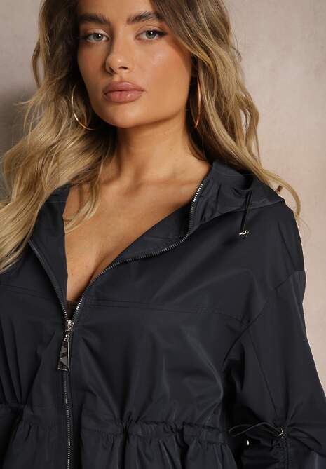 Granatowa Kurtka Parka Ściagana w Pasie Troczkami z Kapturem Evisanale