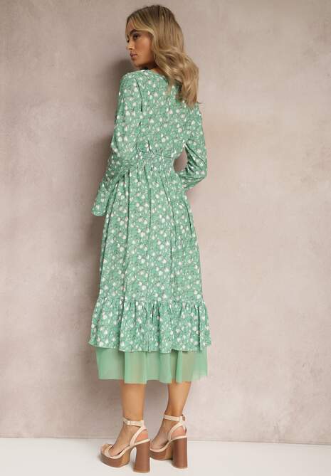 Zielona Rozkloszowana Sukienka Midi z Siateczką o Asymetrycznym Kroju Fovita