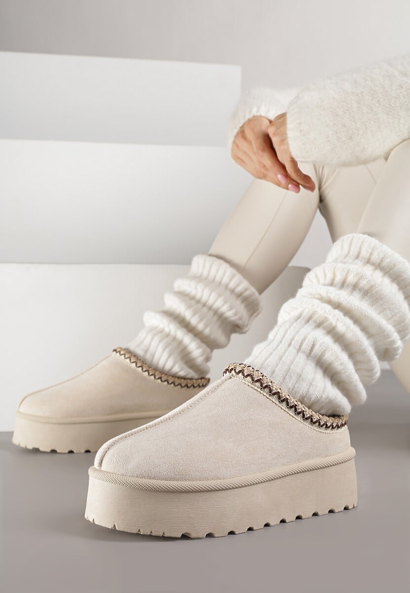 Beżowe Śniegowce na Platformie z Niską Cholewką i Haftowanym Wzorem Zivilae