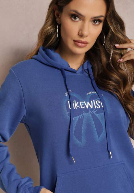 Niebieska Bluza Wykończona Polarem z Nadrukiem i Kapturem Nimba