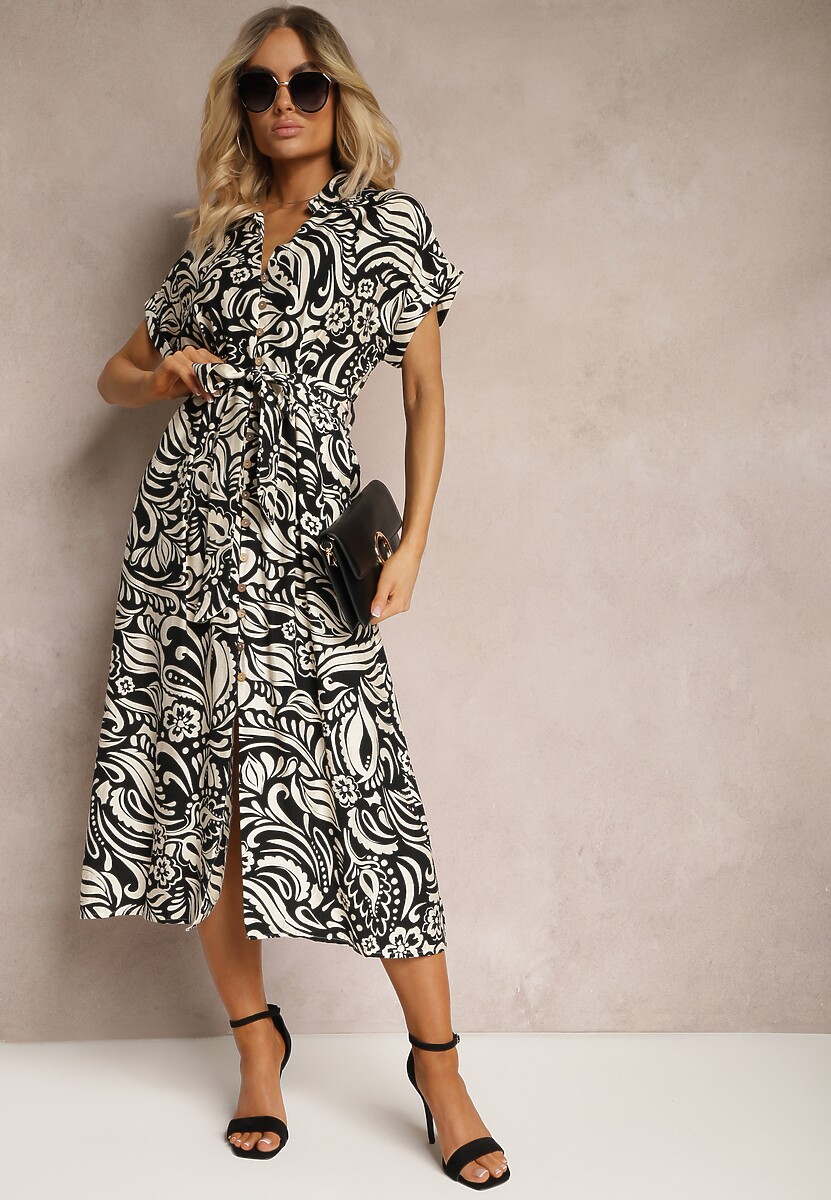 Czarna Sukienka o Koszulowym Kroju z Gumką w Talii z Materiałowym Paskiem i Guzikami Foliana