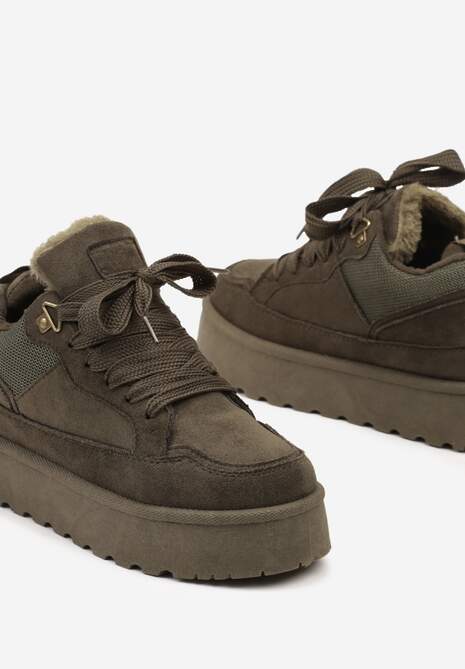 Ciemnozielone Sneakersy na Niskiej Platformie Mocno Ocieplane Tifilie