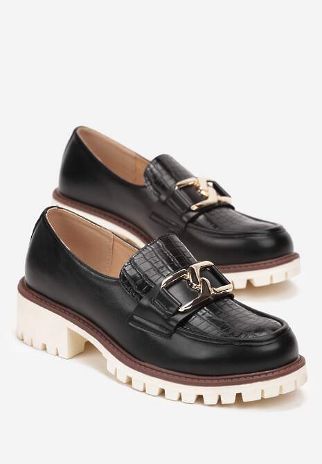 Czarne Mokasyny z Ozdobną Klamerką i Skórzaną Wkładką na Grubej Podeszwie Marinie