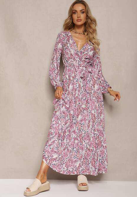 Biało-Czerwona Sukienka z Wiskozy z Trójkątnym Dekoltem i Gumką w Talii z Materiałowym Paskiem Funella