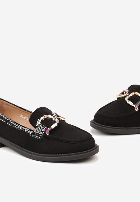 Czarne Mokasyny z Ozdobnym Tłoczeniem i Aplikacją z Mieniących się Kamieni Berxia
