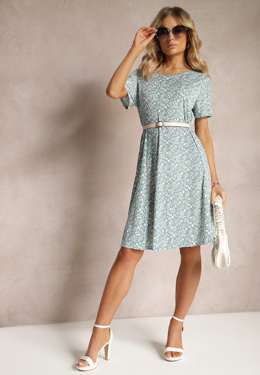 Zielona Krótka Sukienka z Rozkloszowanym Dołem i Okrągłym Dekoltem z Wiskozy Dapnehli