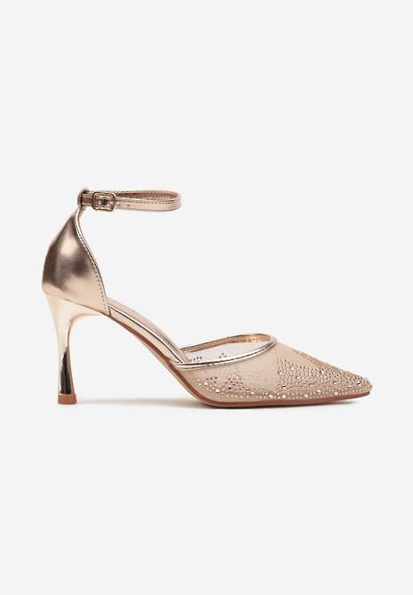 Szampańskie Sandały Szpilki z Siateczkowym Noskiem w Szpic Zdobionym Cyrkoniami Alirenda