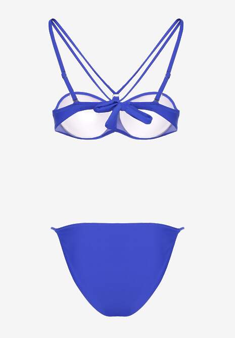 Niebieskie Bikini Majtki Typu Figi i Biustonosz z Ozdobnymi Paskami Fadelinna