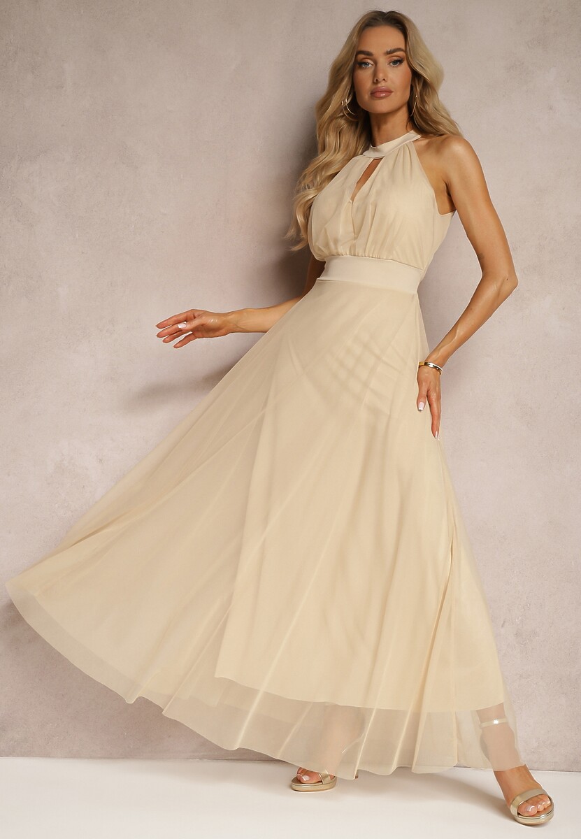 Czarna Sukienka Koktajlowa z Siateczką Wiązana Materiałowym Paskiem ze Stójką Nestassi