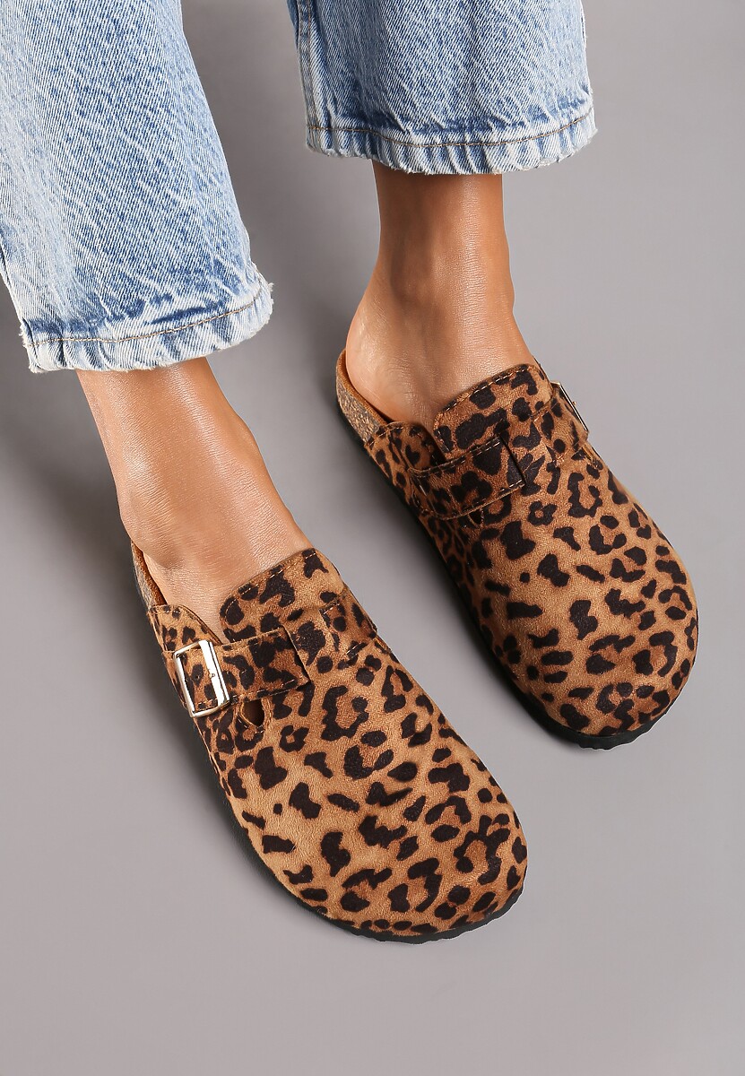 Brązowe Klapki w Panterkę na Płaskiej Podeszwie z Korka z Klamerką i Okrągłym Noskiem Shamsa