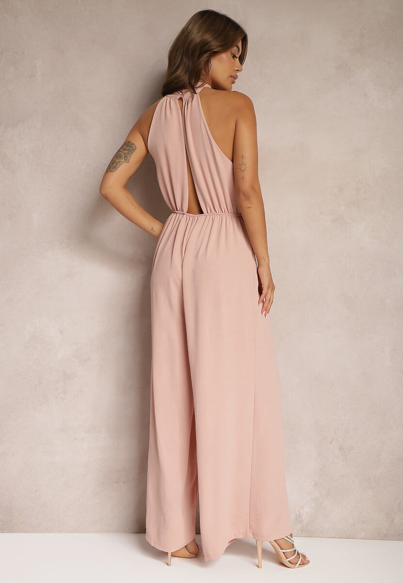 Różowy Taliowany Kombinezon ze Ściągaczem w Talii i Wiązaniem przy Szyi Rivasiris