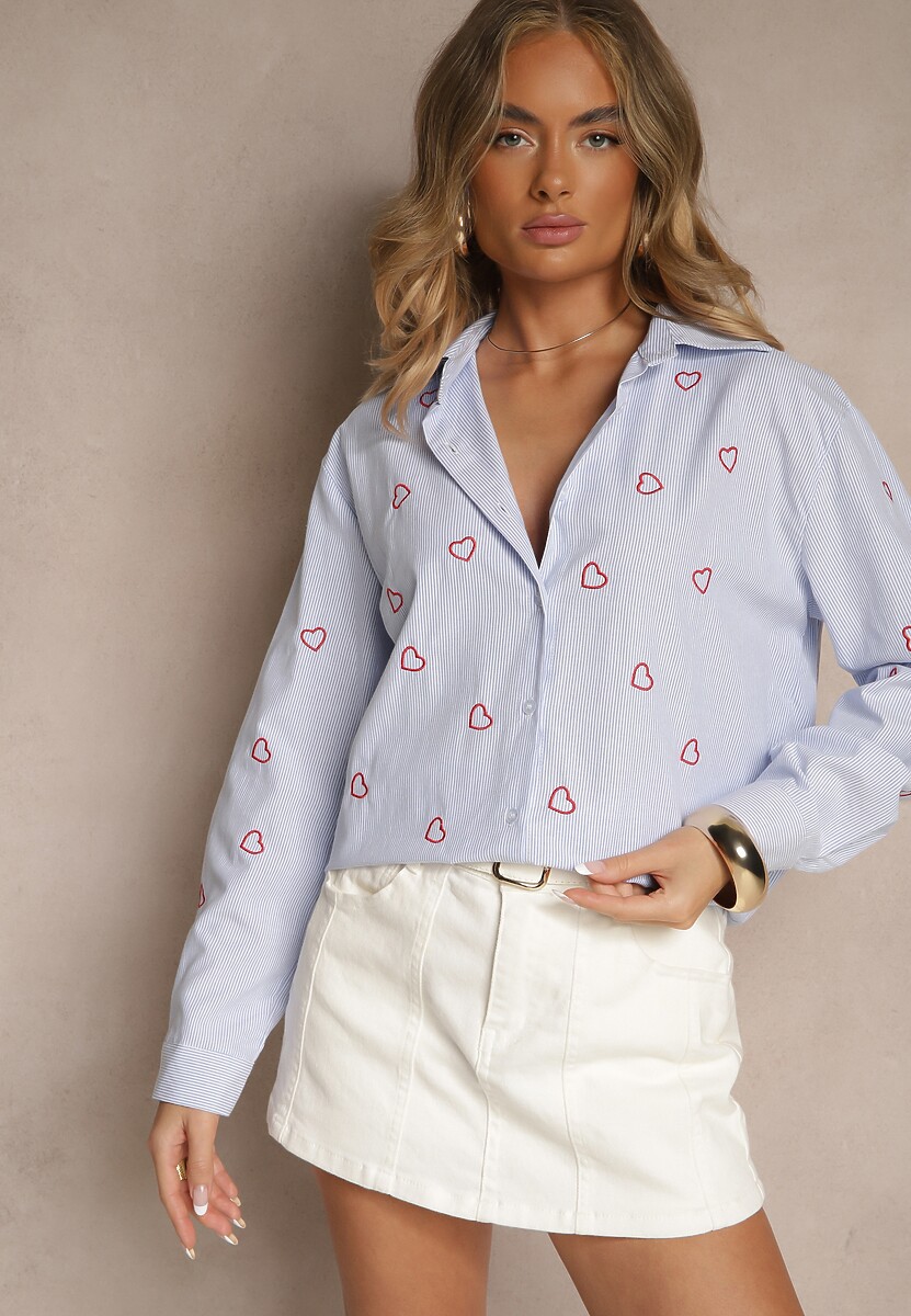 Niebiesko-Czerwona Koszula Oversize w Prążki Zdobiona Haftem w Serca Nitavela