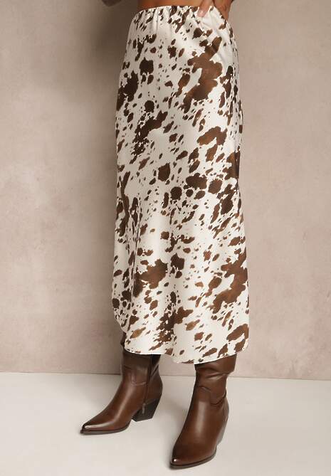 Brązowa Spódnica z Satynowej Tkaniny Zdobiona Krowim Printem Kolorea