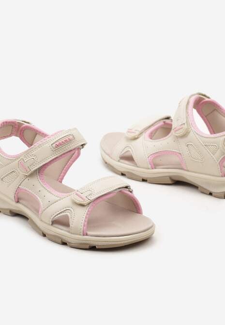 Beżowo-Różowe Płaskie Sandały ze Skórzaną Wkładką i Zapięciami na Rzepy Tesama