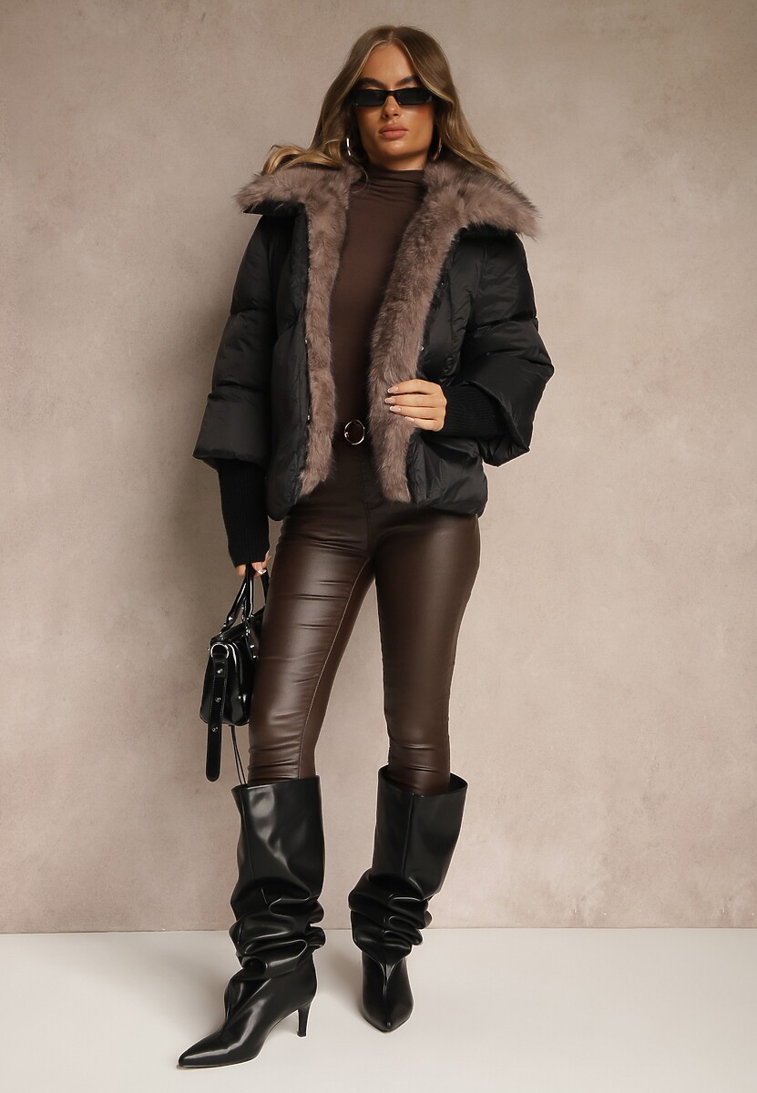 Czarna Pikowana Kurtka Zimowa z Futrem przy Kołnierzu i Ściągaczami Tildena