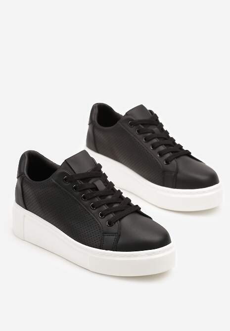 Czarne Sneakersy Skórzane na Platformie z Ozdobą i Perforacją Neolivia