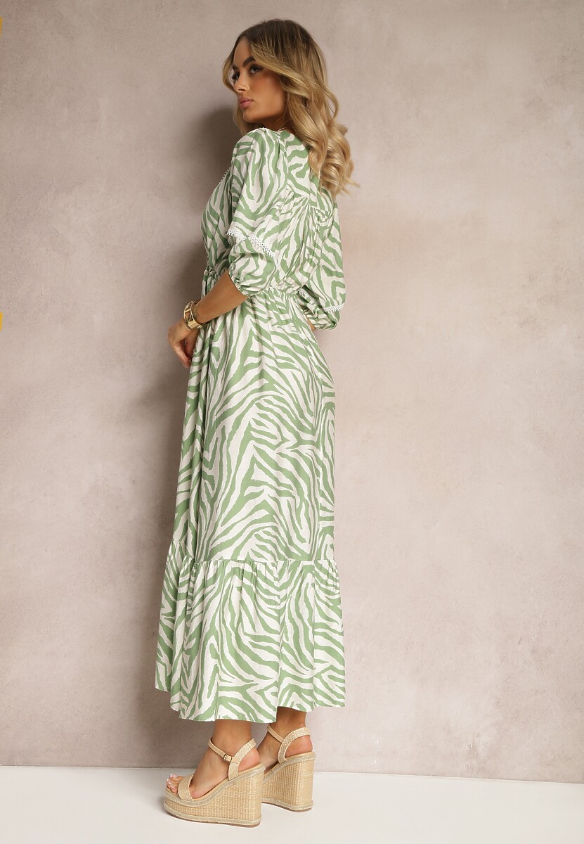 Jasnozielona Sukienka z Wiskozy i Bawełny Ozdobiona Falbaną i Sznurkiem w Pasie Vantia