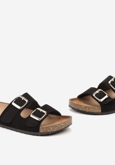 Czarne Klapki z Ekozamszu z Profilowaną Wkładką z Paskami i Klamrami Lettiea