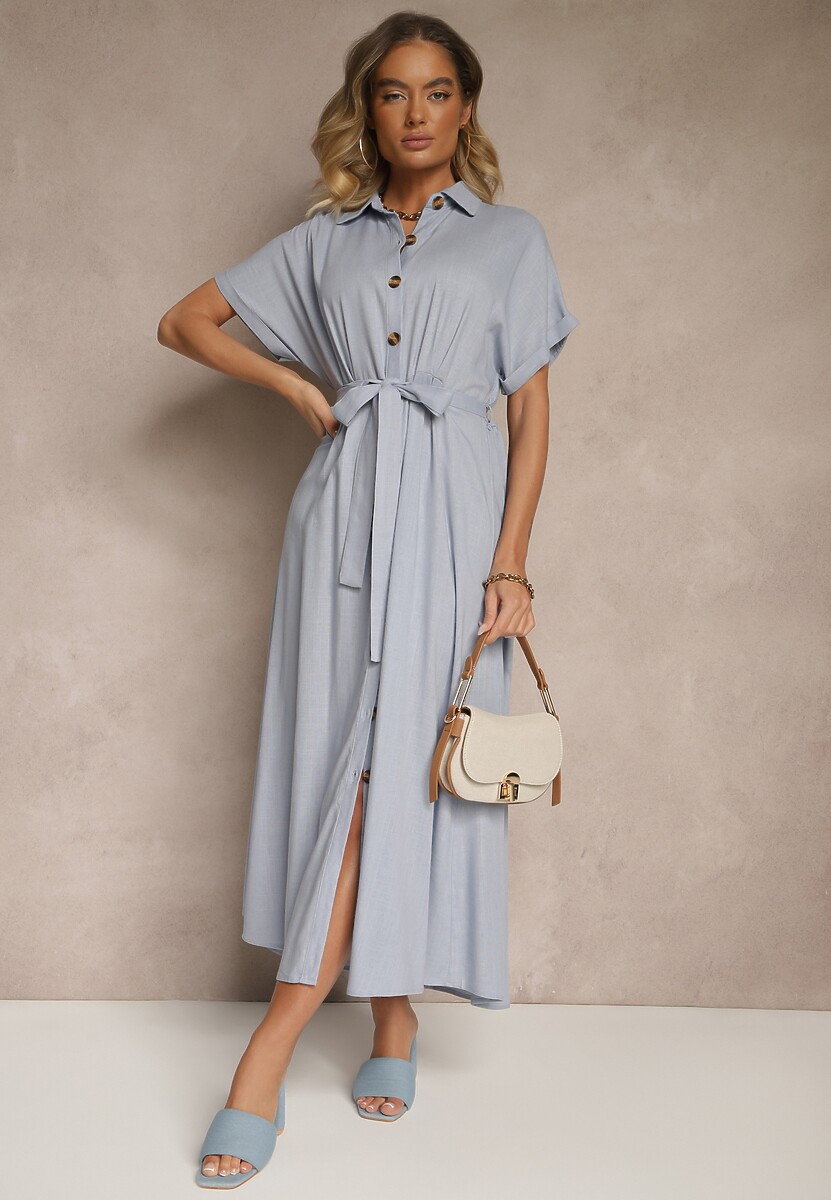 Niebieska Sukienka Koszulowa z Wiskozą i Lnem Ozdobiona Paskiem Lunie