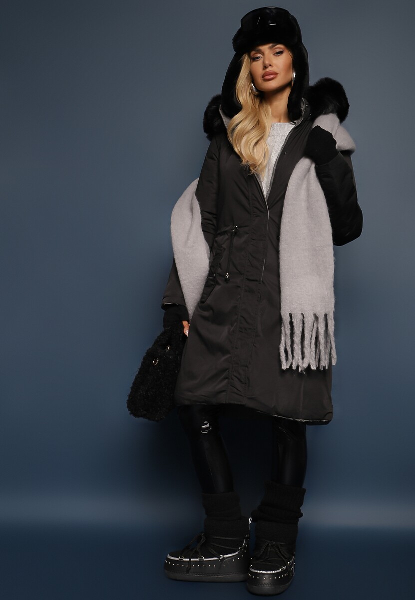 Szaro-Czarna Długa Kurtka Płaszcz o Dwustronnym Fasonie z Kapturem Astrae