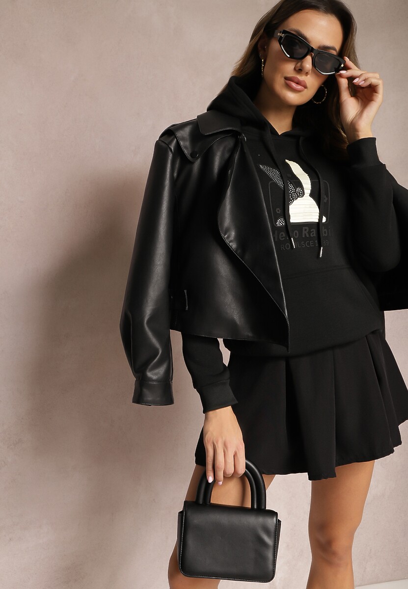 Czarna Bluza z Kapturem i Ozdobnym Nadrukiem Kliorre