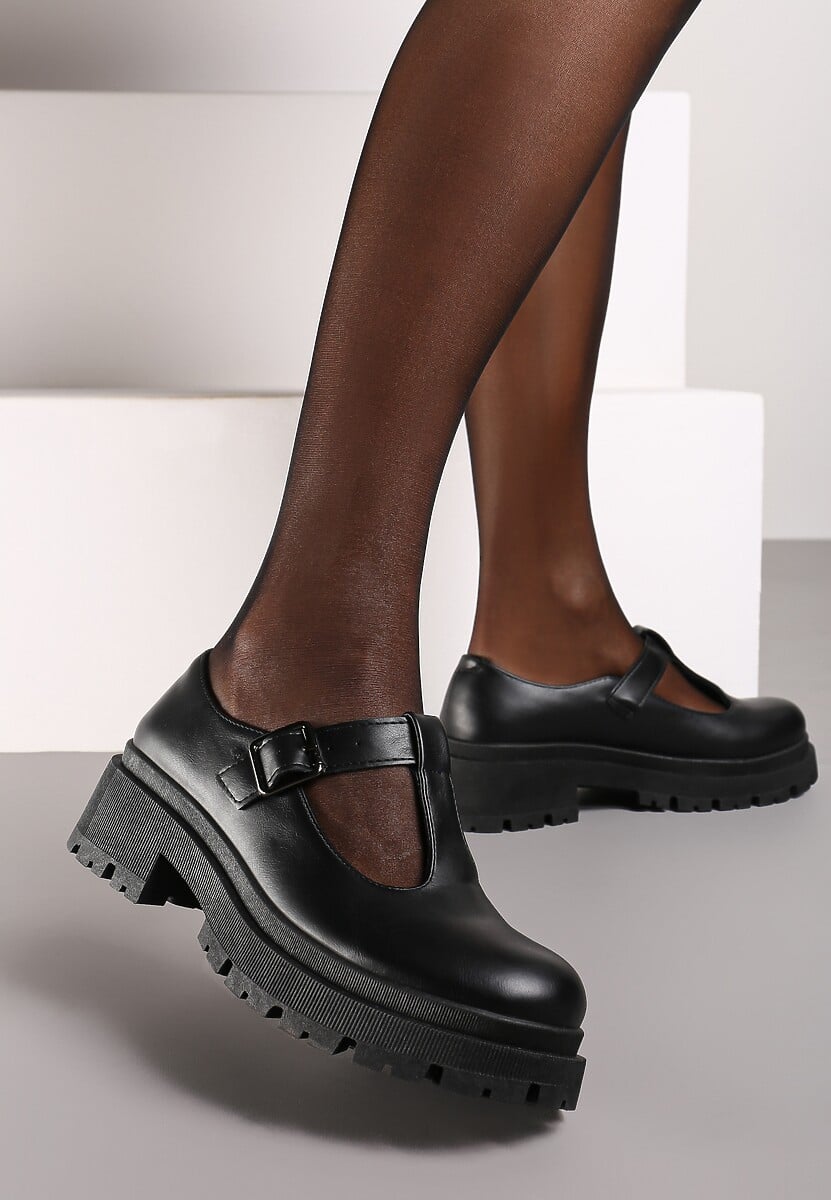 Czarne Półbuty na Platformie Ozdobionej Tłoczeniem ze Sprzączkami Vaiethina