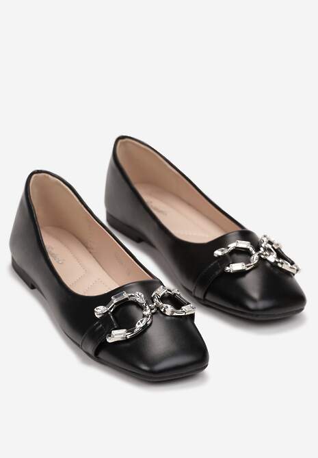 Czarne Wsuwane Balerinki z Metalową Ozdobą i Kwadratowym Noskiem Vanle