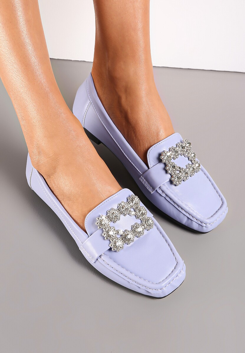 Fioletowe Płaskie Mokasyny z Kwadratowym Noskiem Ozdobionym Kryształkami Celeshta
