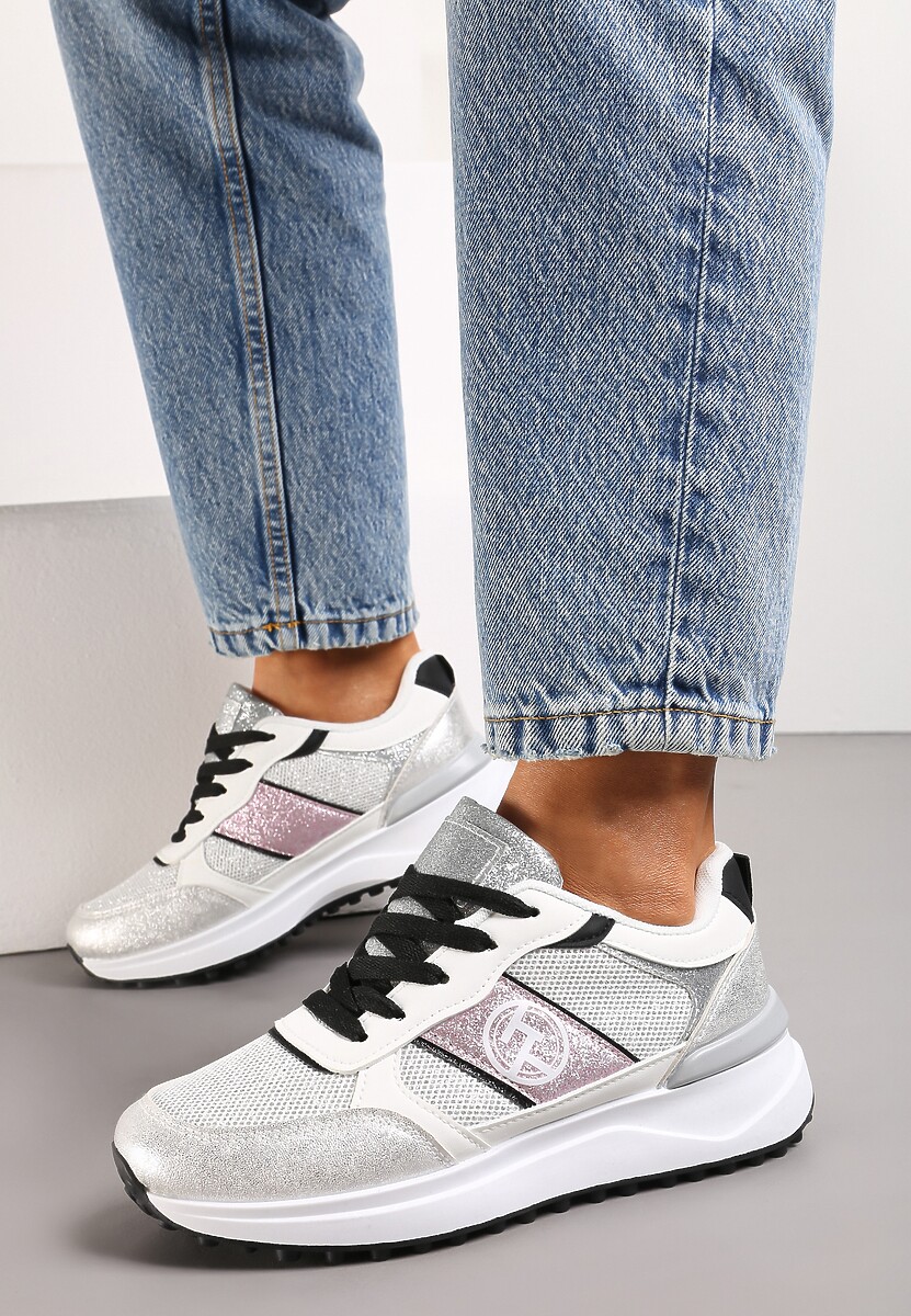 Srebrne Sznurowane Sneakersy z Brokatem i Siateczką na Grubej Podeszwie Leviria
