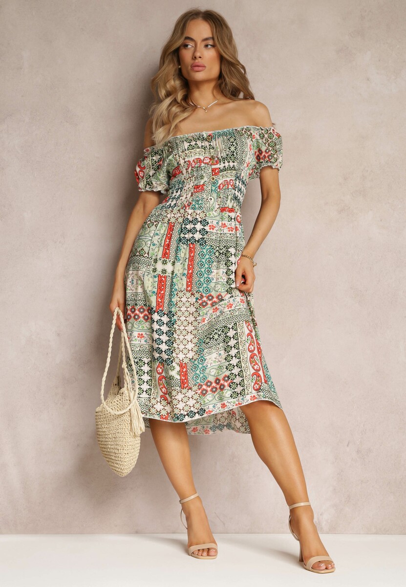 Jasnozielona Sukienka Midi Hiszpanka z Gumkami w Talii z Wiskozy Naomita