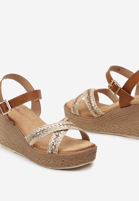 Brązowo-Złote Sandały na Koturnie z Jutową Plecionką i Splecionymi Paskami Rosadusk