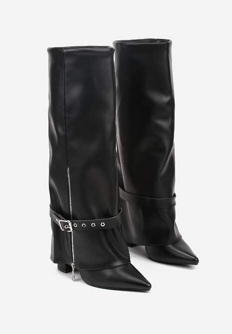 Czarne Kozaki na Obcasie z Wywiniętą Cholewką z Suwakiem i Sprzączką Fennoria